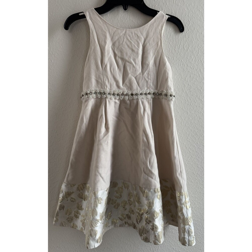 Camilla kids Formal Gold Ivory Girls Dress Size 8 waist floral embellished